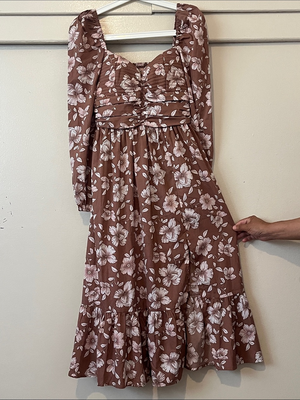Floral Brown Midi Dress with Puff Sleeves and Tie Waist